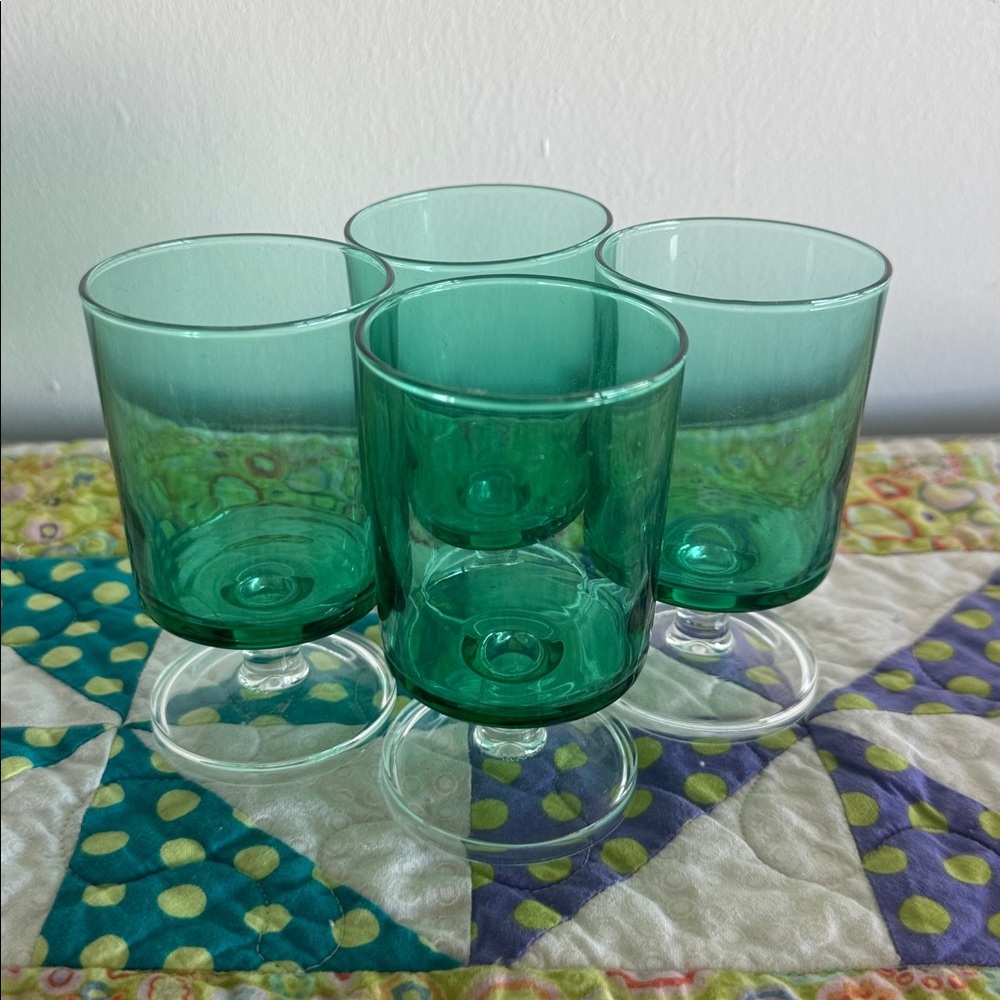 Luminarc France 1970s Cavalier Green Pedestal Stemless Glasses Goblets Set of 4